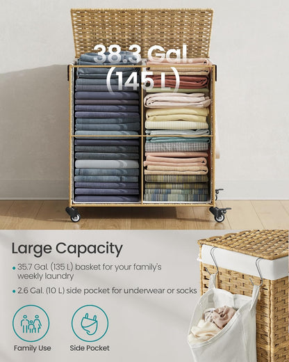 SONGMICS Laundry Hamper with Lid, 37 Gallons (140 L), Rolling Laundry Basket with Wheels, 3-Section Synthetic Rattan, Removable Liner, Bedroom, 26 x 13 x 26 Inches, Gray ULCB363G01
