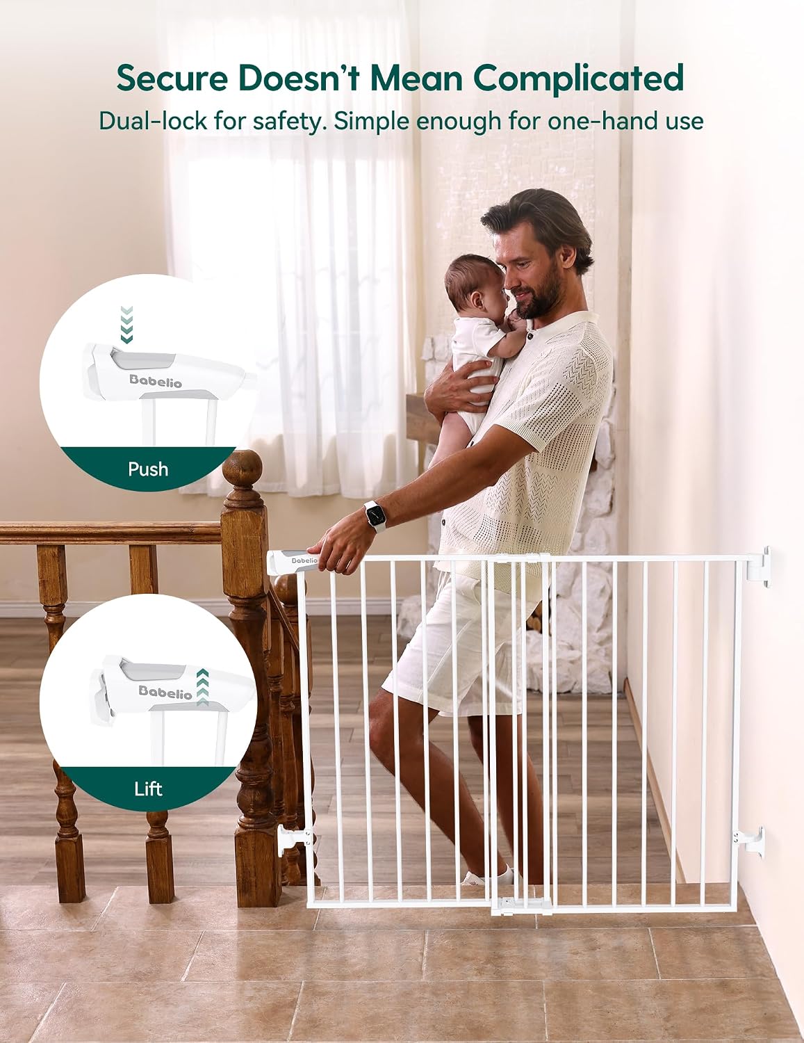 Babelio Baby Gate for Stairs, Kitchen & Doorways, No Bottom Bar| One-Handed Operation| Auto-Close| Hardware Mount (Drill Needed) Safety Dog/Pet Gate (Black - B17, 26-43" W, 28" H)