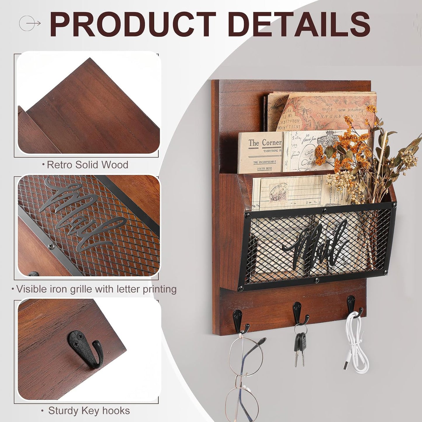 Yalikop Farmhouse Mail Organizer Wall Mounted Rustic Mail Holder Hanging Key Sorter with 3 Hooks Indoor Wooden Wall Mounted, Letter, Magazines, Newspapers, Keys(Classics,Brown)