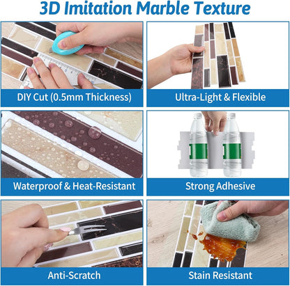 24 Sheet Peel and Stick Tile Backsplash Sticks for Kitchen 10"x 5" Back Splashes Self Adhesive Waterproof Tile Wall Paper for Bathroom Kitchen Backsplash, RV, Fireplace, Black/White Marble Look