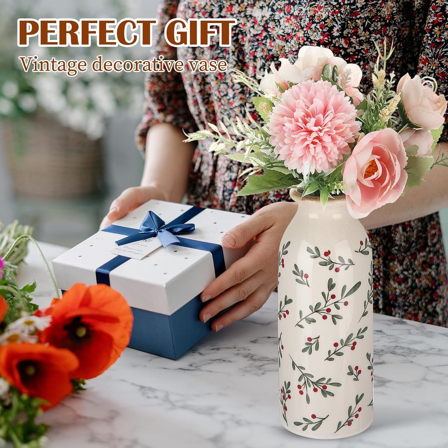 2 Pcs Ceramic Small Vase Rustic Farmhouse Vase Boho Vases Home Decoration for Your Kitchen Bedroom Office Bathroom & Shelf Centerpiece Table Decorative(Simplicity)
