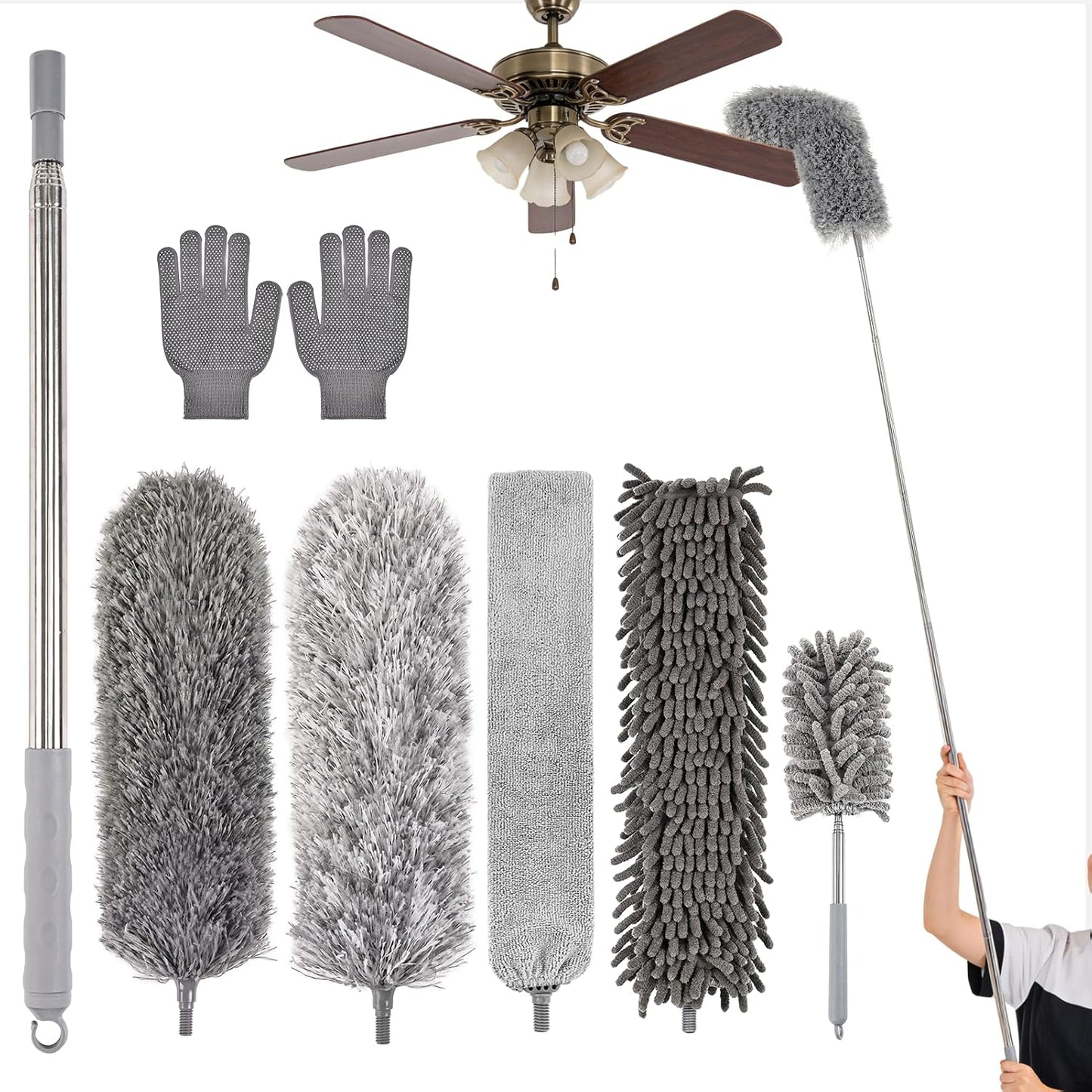 Microfiber Feather Duster 5-in-1 Kit with Extension Pole, Washable Cleaning Duster Set with 3 Duster Heads, Cobweb Duster, Corner Brush, 100'' Extendable Long Duster for High Ceilings, Fans, Furniture