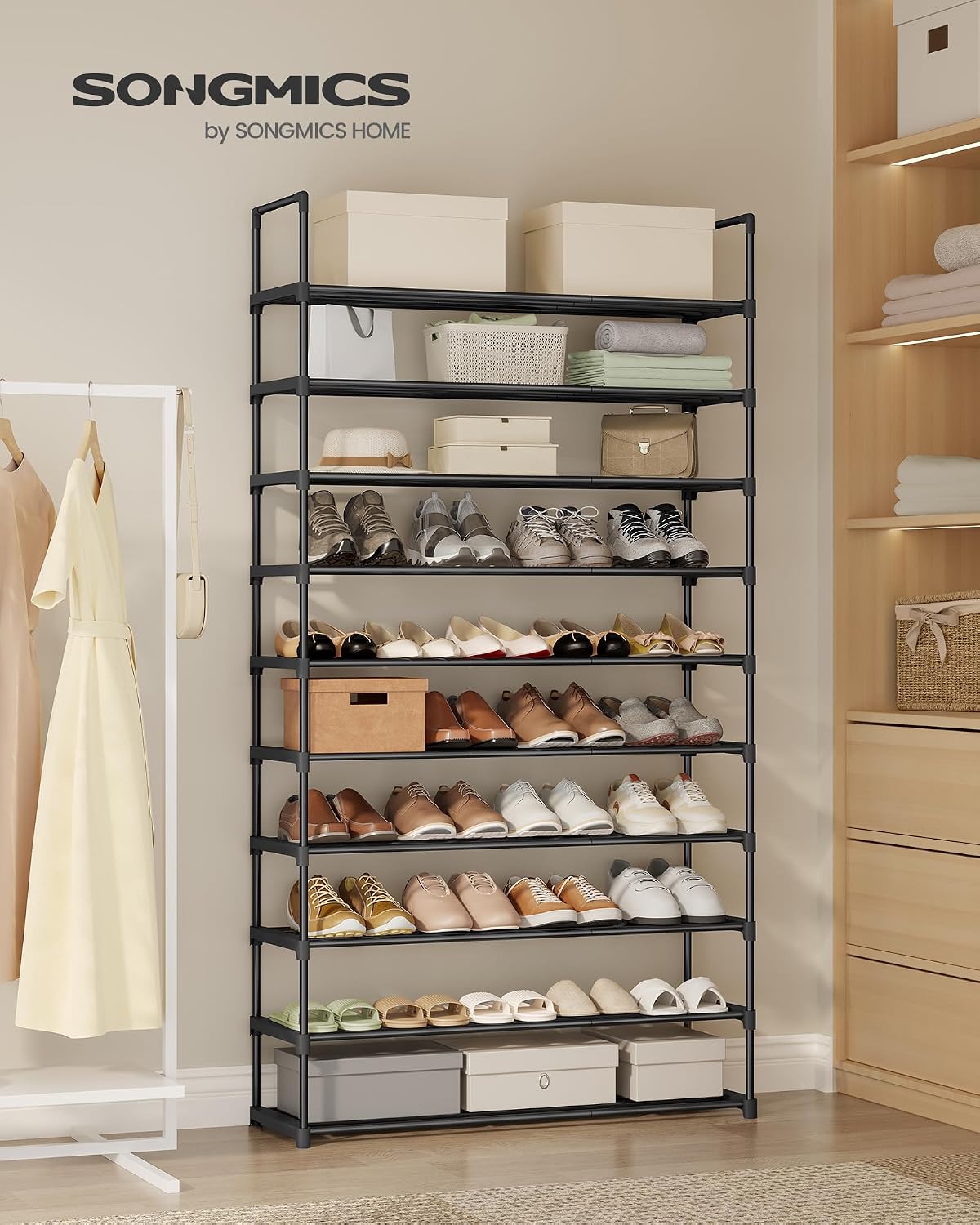 SONGMICS Shoe Rack, 6-Tier Shoe Organizer, Metal Storage Shelf, Upright or Upside Down, for 24-30 Pairs, Stackable, for Entryway, 11.8 x 36.2 x 42.7 Inches, Black ULSA306BH01