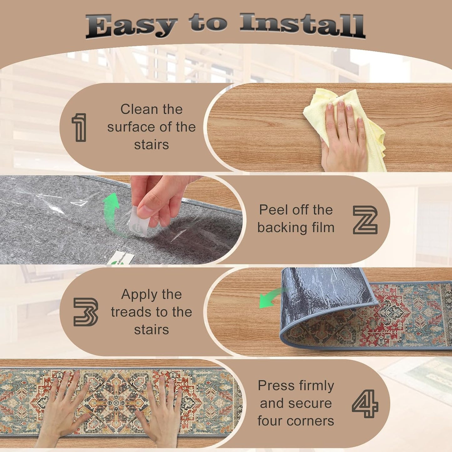 Non Slip Stair Treads for Wooden Steps, 15 Pack 8"x30" Washable Carpet | 8x30 in soft chenille polyester stair treads with reusable TPE backing for indoor wood stairs, dogs, kids, and seniors