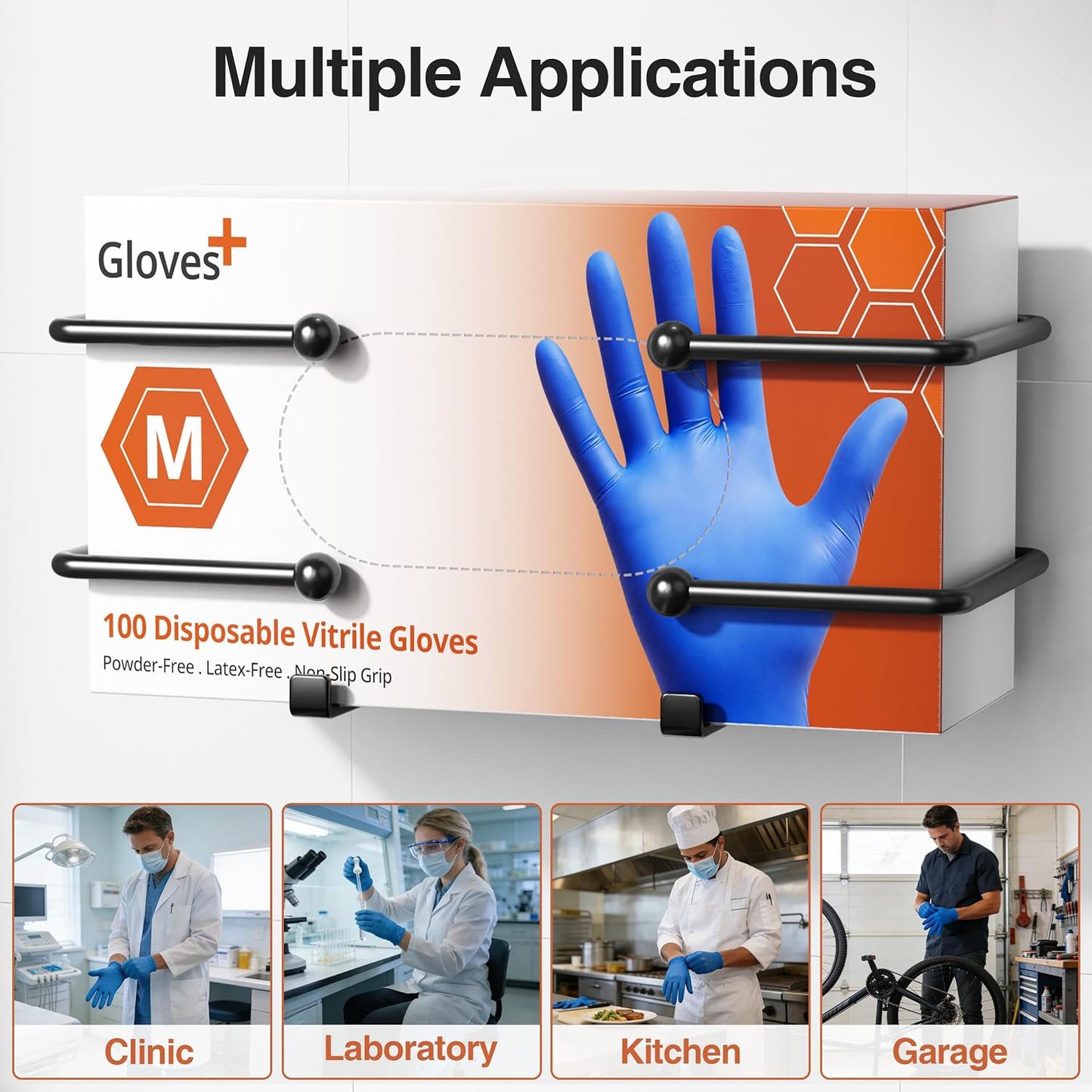 Adhesive Glove Box Holder Wall Mount, Metal Disposable Gloves Dispenser for Latex & Nitrile Boxes, No-Drill Tissue & Wipes Organizer for Kitchen, Lab, Bathroom, White