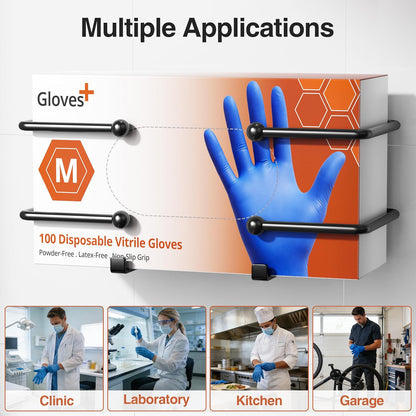 Adhesive Glove Box Holder Wall Mount, Metal Disposable Gloves Dispenser for Latex & Nitrile Boxes, No-Drill Tissue & Wipes Organizer for Kitchen, Lab, Bathroom, White