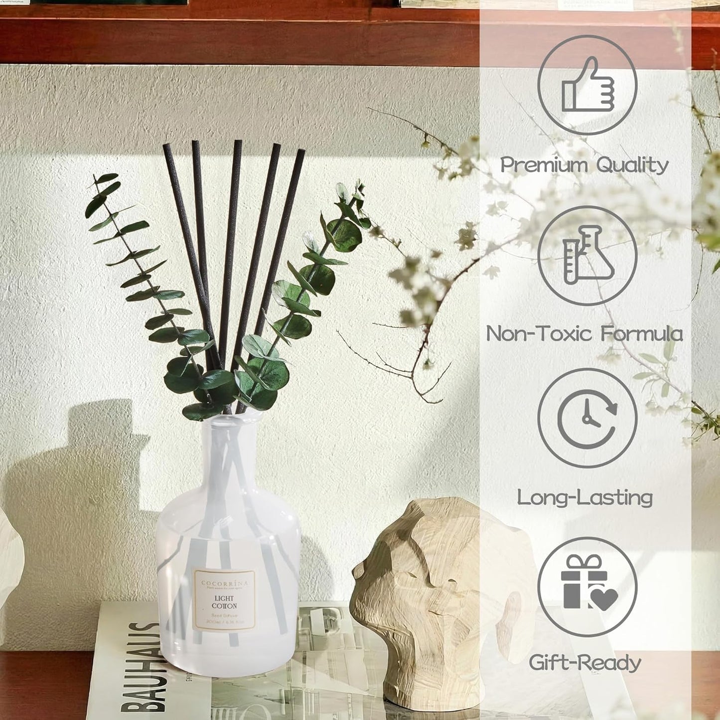 COCORRÍNA Wild Mint & Eucalyptus Reed Diffuser – 6.76 oz Essential Oil with 8 Reeds & Real Eucalyptus Sticks, Home Fragrance for Bedroom or Bathroom Décor