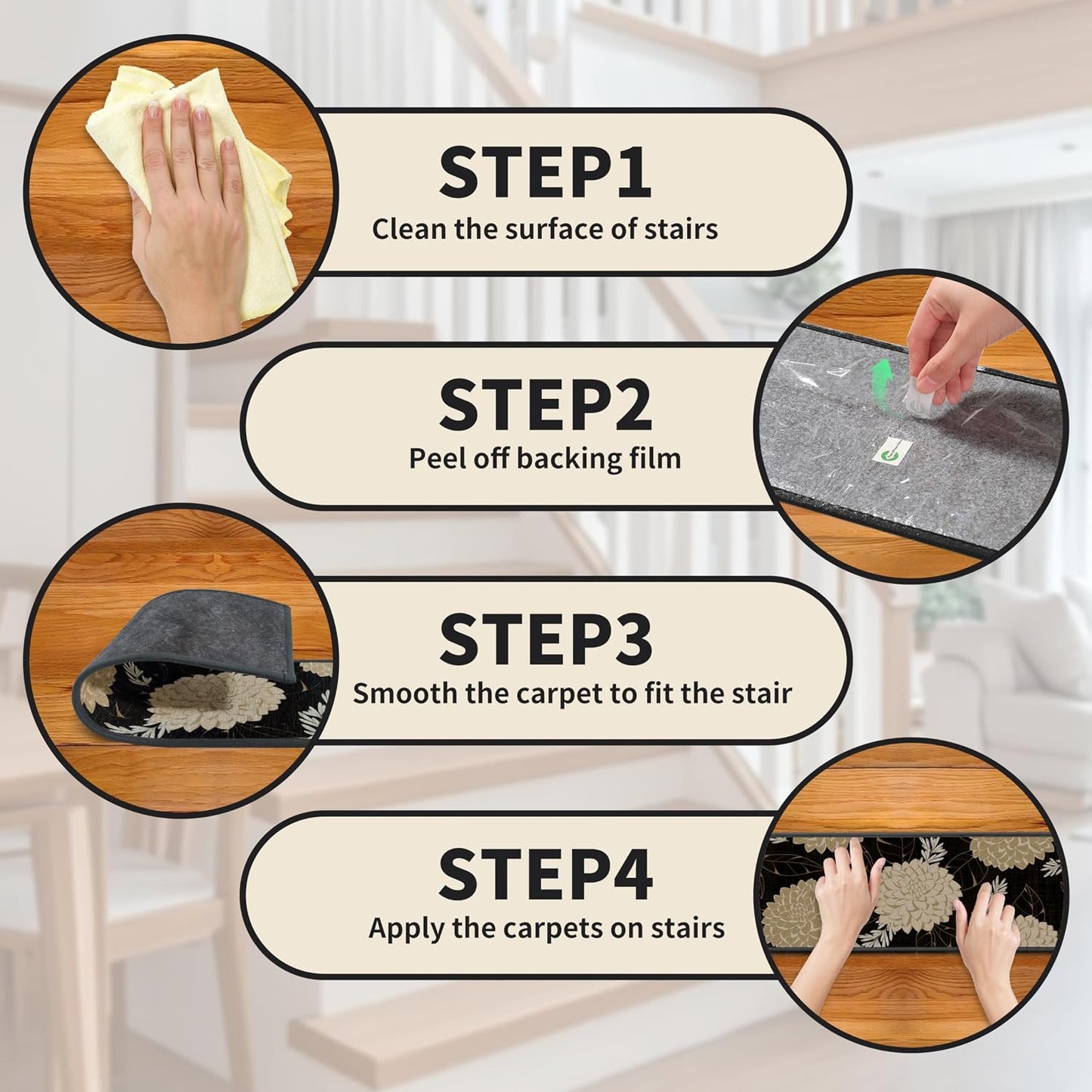 Non-Slip Carpet Stair Treads 15PCS, 8"x30" Peel and Stick Stair Runner for Wooden Steps Indoor, Washable Reusable Adhesive Backing, Pet-Friendly Safety Mats for Kids, Elders, Dogs