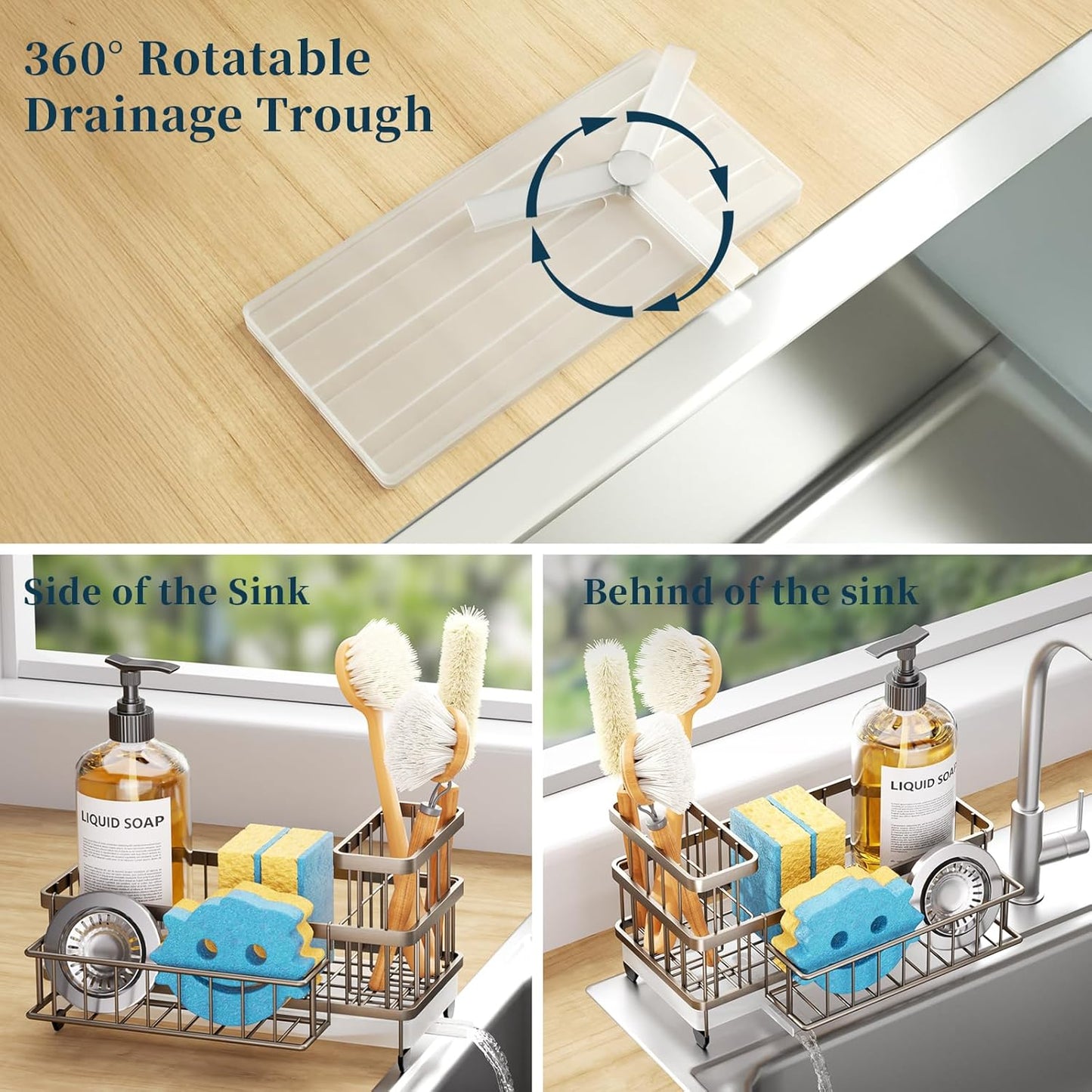 Consumest Sponge Holder for Kitchen Sink - Auto Draining Sink Caddy Organizer with Detachable Rack, High Brush Holder, Kitchen Countertop Storage Accessories, Black