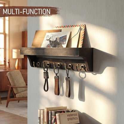 Rebee Vision Farmhouse Key Holder for Wall - Decorative Wooden Mail Organizer with 5 Rustic Key Hooks and Floating Shelf for Home Decor, Hallway, Entryway, Appartment (Retro Brown)