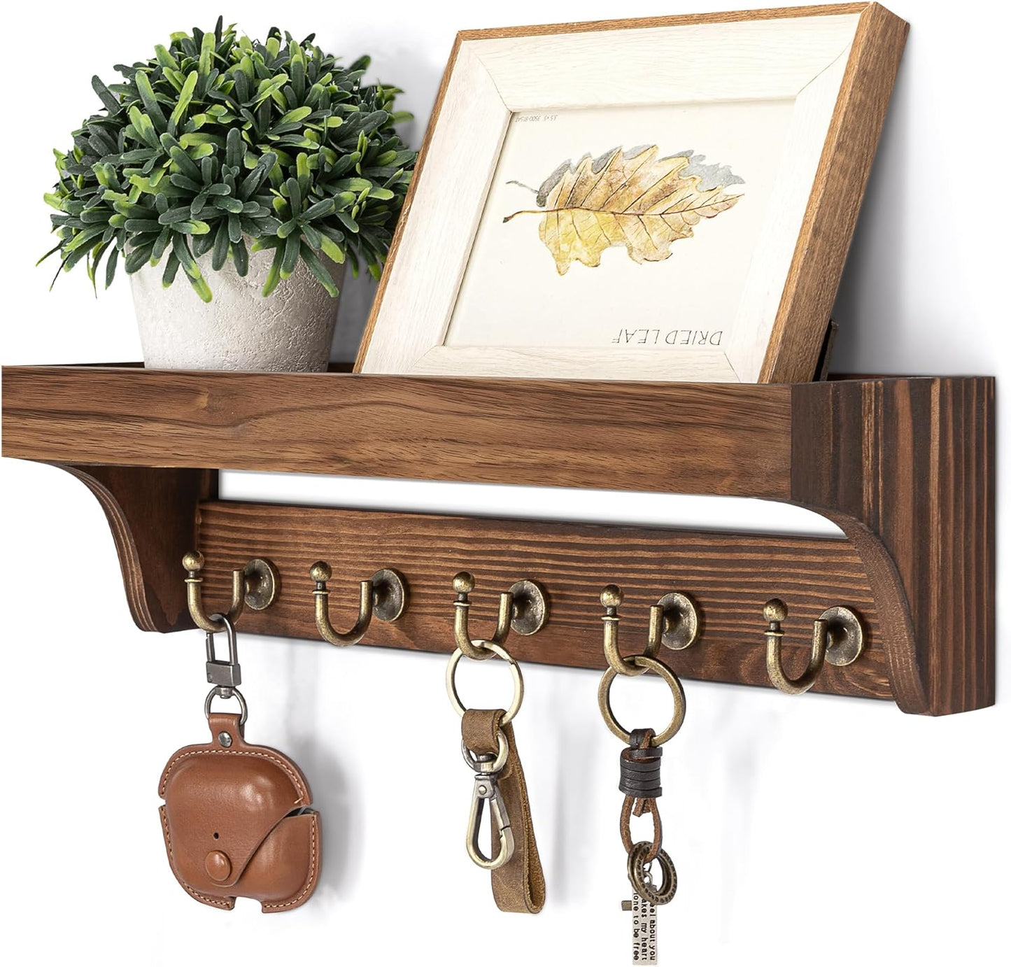 Rebee Vision Farmhouse Key Holder for Wall - Decorative Wooden Mail Organizer with 5 Rustic Key Hooks and Floating Shelf for Home Decor, Hallway, Entryway, Appartment (Retro Brown)