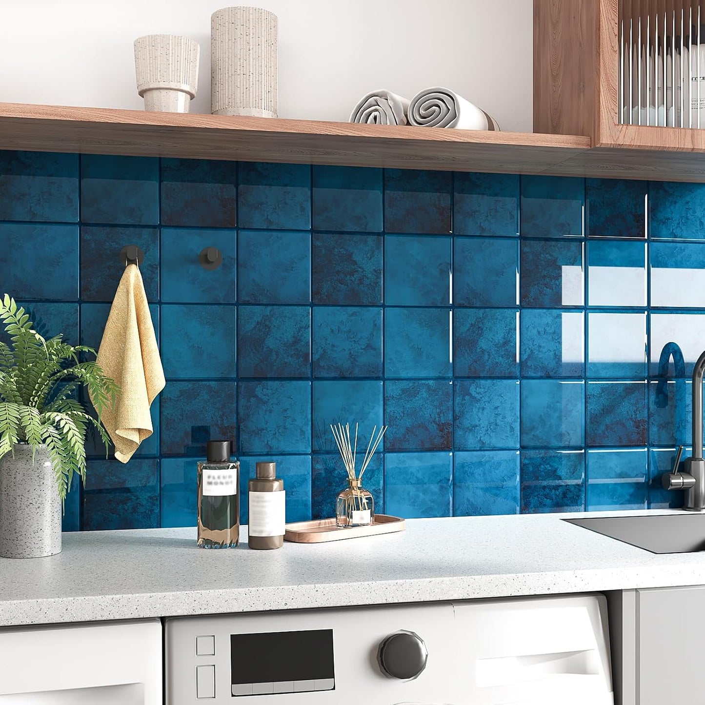 VEELIKE Cream Beige Peel and Stick Backsplash for Kitchen Square Peel and Stick Tile Backsplash 6 Sheets Self Adhesive Back Splash Tiles for Bathroom Waterproof Ceramic Wall Tile Stickers 12''x12''