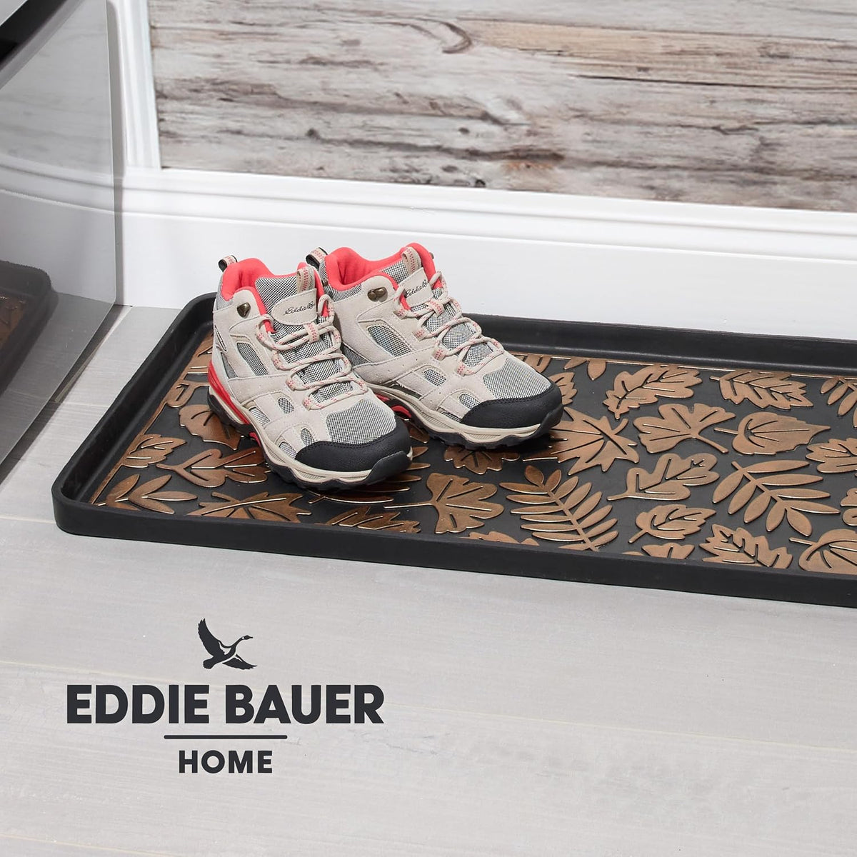 Eddie Bauer Rubber Boot Tray – Lake Waves Design, 16"x32", Black – Waterproof Entryway Boot Mat