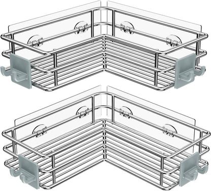 Nieifi Corner Shower Shelves Stainless Steel, Adhesive Shower Caddy Basket Rack with Hooks, Rust Proof for Bathroom Shelf Shampoo Holder (Silver, 2 Pack)