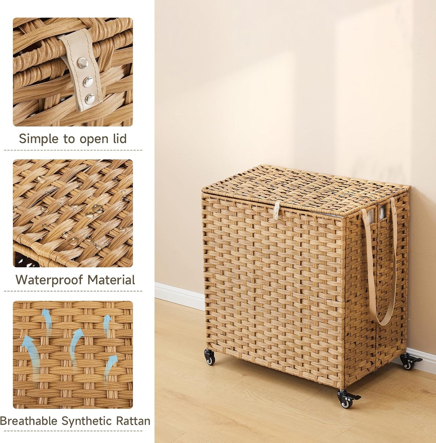 Laundry Hamper with Wheels, 52.8 Gallon(200L) Rolling Laundry Basket with Lid, Removable Large 3 Color Liners & 3 Mesh Laundry Bags, Clothes Hamper with Side Pocket, Natural