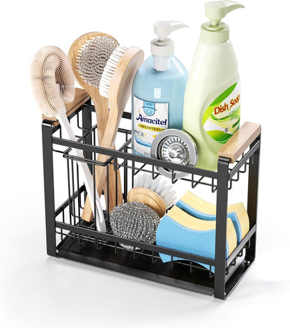 Sink Caddy Organizer with Wooden Handle & Self-Draining Tray, Trapezoid Kitchen Sponge Holder with Non-Slip Suction Cups , Organizer for Sponge, Brush, Soap Dispenser for Sink and Bathroom Countertop