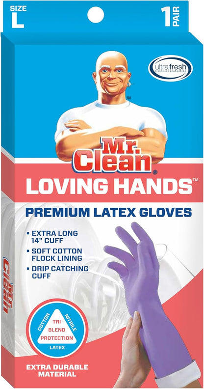 Mr. Clean, 243312 Loving Hands, Large Heat Resisting, Soft Cotton Flock Lining, Built in Freshness Protection, Non-Slip Diamond Grip Gloves, (L)