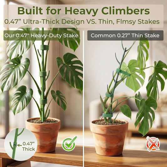 10-Piece Thick Plant Support Stakes: Stackable for Monstera Climbing Vines | 36.6" heavy-duty modular poles - 0.47" thick stops vine leaning - Rot-proof plastic blends invisibly - Includes tape