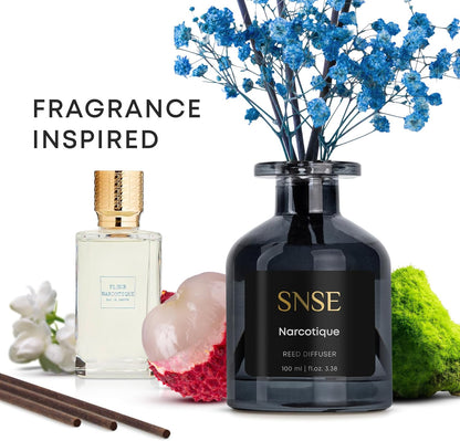 SNSE Tobaco & Vanilla with Flowers Perfumed Reed Diffuser Set | 3.38 oz Scent Fragrance Oil Diffuser for Bedroom, Bathroom, Home Décor and Gift, Decorative Air Fresheners with Sticks