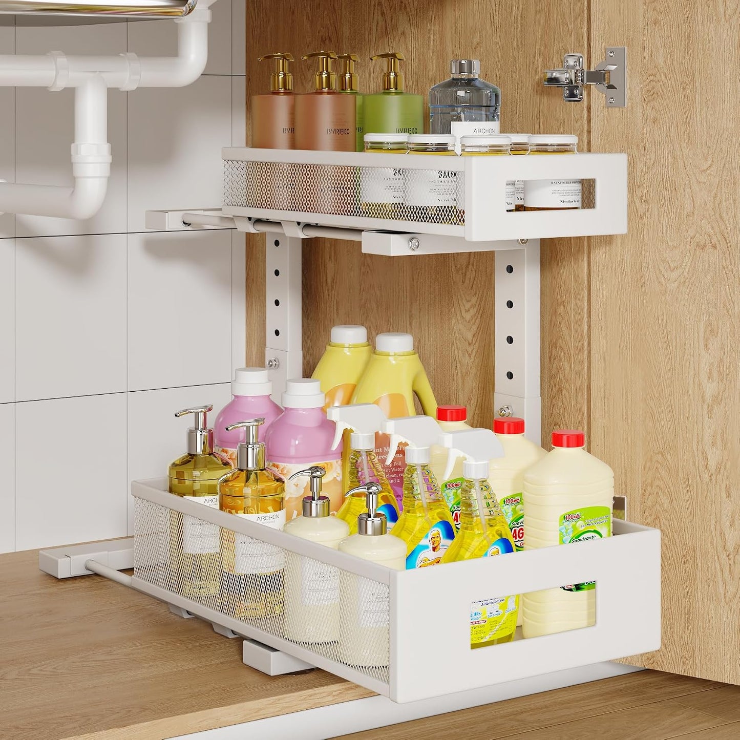 2-Pack Under Sink Storage Organizer, Large 2-Tier Elegant Mesh Pull Out Shelf for Kitchen and Bathroom Cabinet Organization, L-Shaped and Adjustable Height Design,Patent Pending-Black