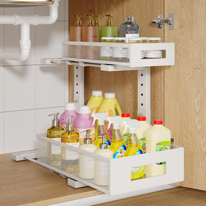 2-Pack Under Sink Storage Organizer, Large 2-Tier Elegant Mesh Pull Out Shelf for Kitchen and Bathroom Cabinet Organization, L-Shaped and Adjustable Height Design,Patent Pending-Black