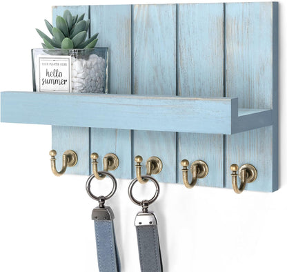 Rebee Vision Decorative Key Holder Wall Mount - Rustic Key Holder for Wall with Shelf and Mail Organizer for Living Room Decor - Home Essentials for Home Improvement (Brown, 3.54" x 10" x 7.28")