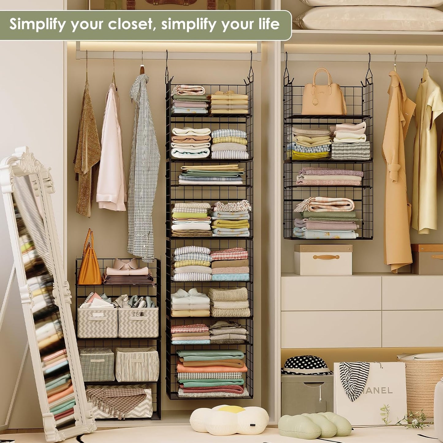 X-cosrack Closet Hanging Organizer Shelves - 5 Tier Wardrobe Organizers and Storage Bin, Hanging Organizer Shelves, Clothes Shelf with Adjustable Dividers for Bedroom Closet Sweater Shoes Handbag