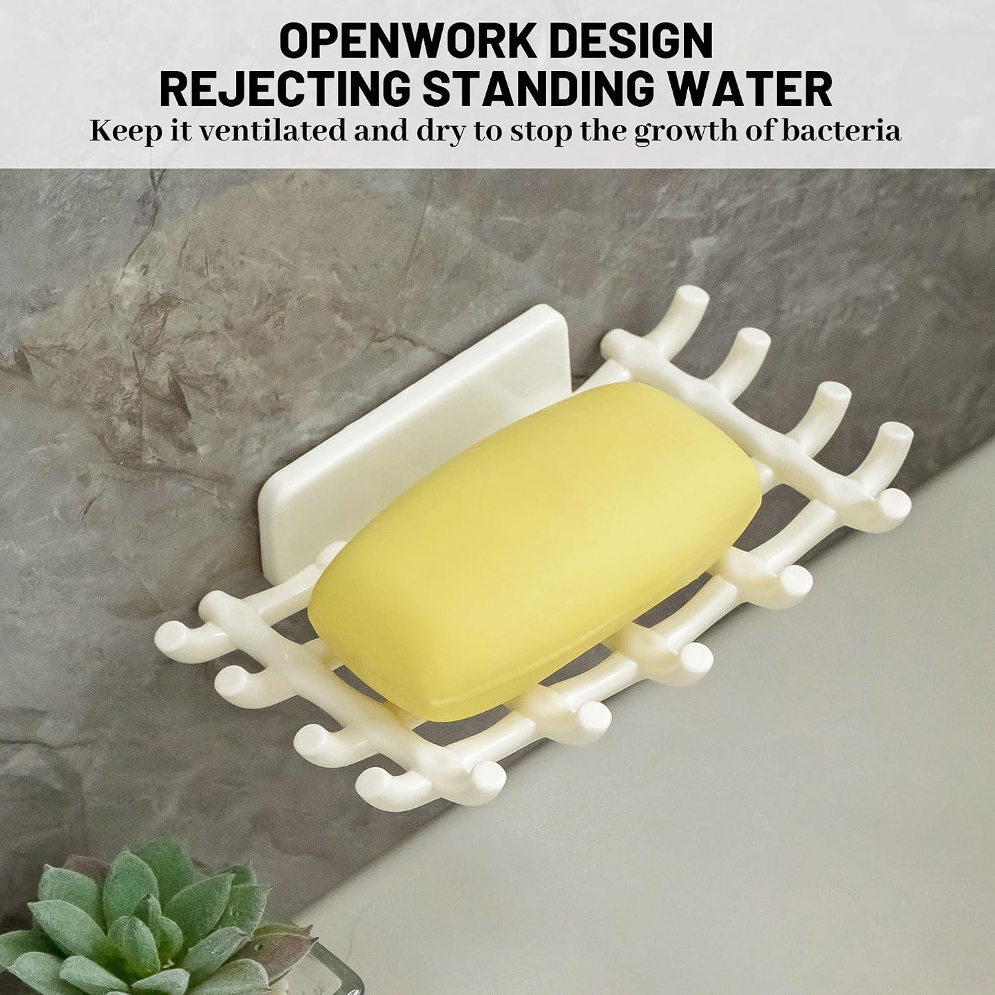 Shower Soap Holder for Wall, Adhesive Bar Soap Dish with Self Draining Grid, Side Hooks and No Drilling Mount, Black, 2 Pack