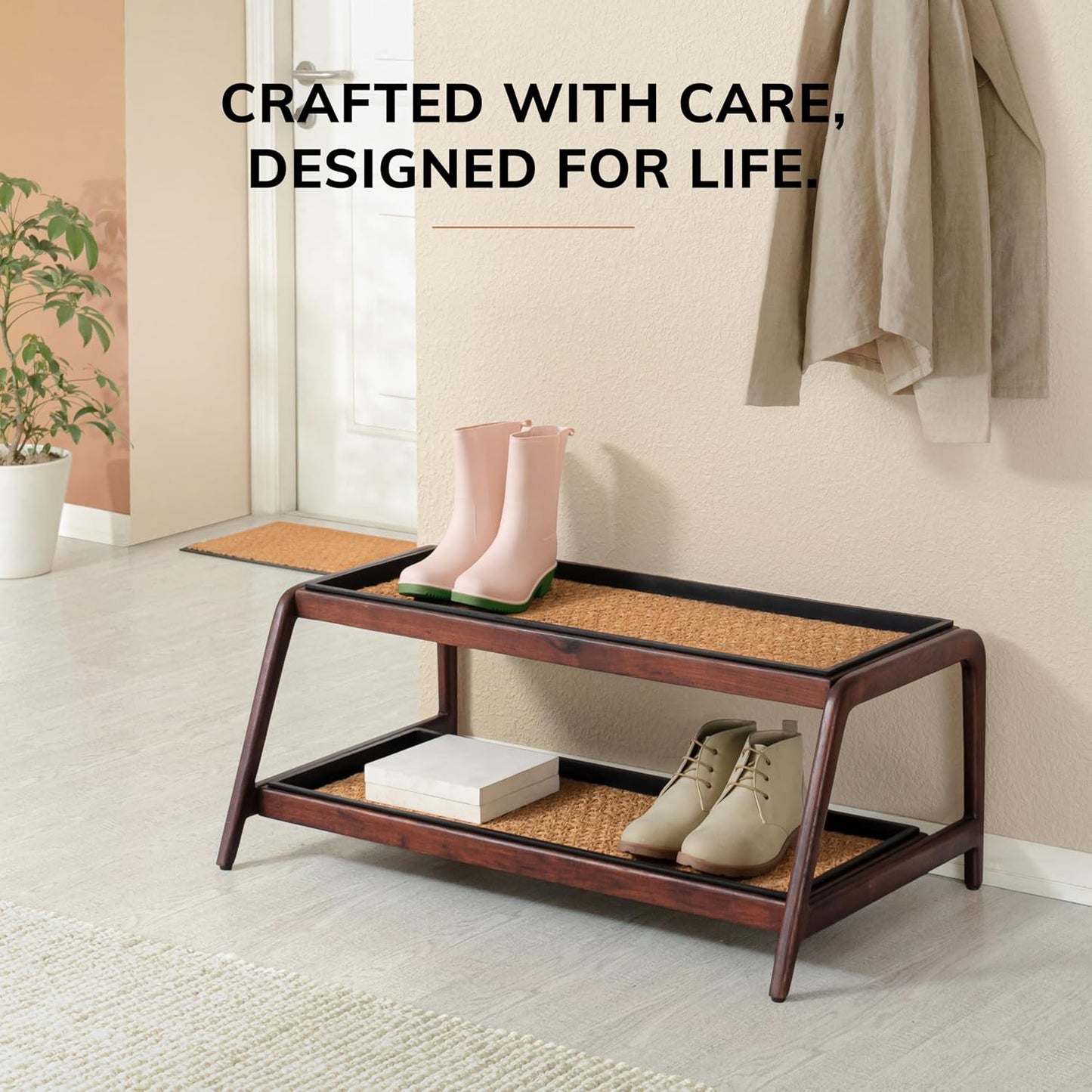 Anji Mountain Heavy Duty Waterproof Wooden Shoe Storage Mat Organizer/Boot Storage Tray Multi Use for Entryway with Coir, Gray and Ivory Insert, 1 Tier, Fits 2 Pair (26.5" Wide)