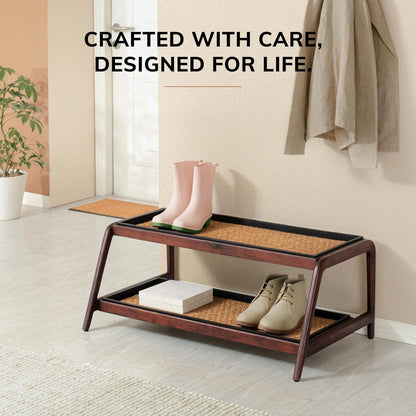 Anji Mountain Heavy Duty Waterproof Wooden Shoe Storage Mat Organizer/Boot Storage Tray Multi Use for Entryway with Coir, Gray and Ivory Insert, 1 Tier, Fits 2 Pair (26.5" Wide)