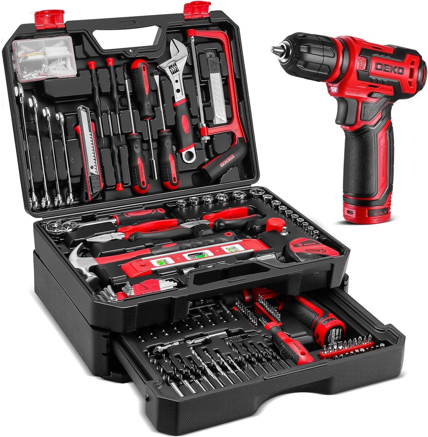 Pink Tool Kit Box Drill Set：DEKOPRO Home Mechanic Toolbox with 12V Power Cordless Drill Hand Repair Tools Sets Combo Kits Storage Organizer Drawer Case for Men & Women