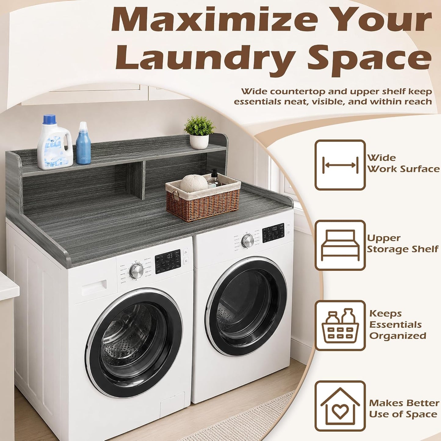 Royxen Laundry Countertop with 2-Tier Shelf Universal Fit, Washer and Dryer Countertop with Storage Space, Shelf Height 11.5 Inches, Solid Wood Core, Oak