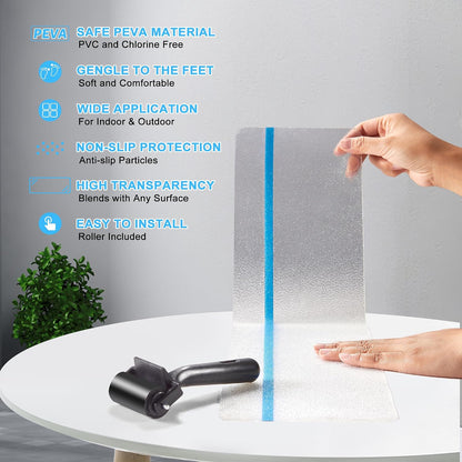 4'' x 24'' Clear Stair Treads Non Slip with Glow in Dark Blue Stripe, 15 Pack Pre-Cut Transparent Non Slip Strips Indoor Outdoor for Stairs,Bathroom,Bathtub, PEVA Safe for Elders,Kids,Pets