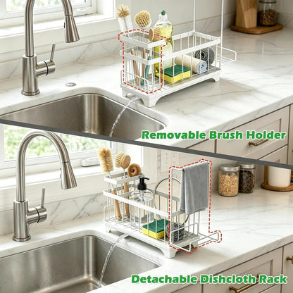 Sponge Holder for Kitchen Sink, Sink Caddy Organizer with Detachable Cloth & Brush Holder, Self-Draining Sponge Caddy Organizer with 360° Rotatable Spout, Kitchen Countertop Storage Accessories(Black)