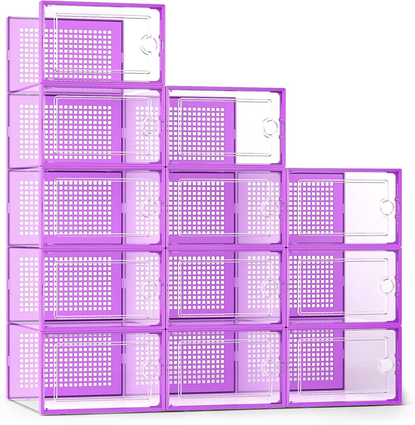 Kuject X-Large Shoe Storage Boxes Organizers for Closet 12 Pack, Fit Size 11,Clear Plastic Stackable Sneaker Containers for Entryway, Space Saving Shoe Rack, Brown