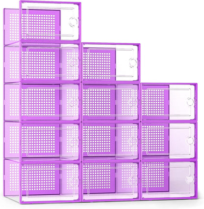 Kuject X-Large Shoe Storage Boxes Organizers for Closet 12 Pack, Fit Size 11,Clear Plastic Stackable Sneaker Containers for Entryway, Space Saving Shoe Rack, Brown