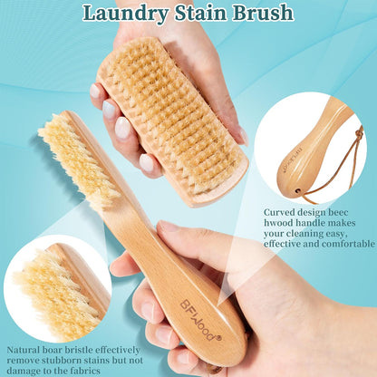 BFWood Laundry Stain Brush, Natural Soft Boar Bristles, Removes Tough Stains from Delicate Fabrics Like Knits, Cotton, and Linens, Gentle on Fabrics, No Damage