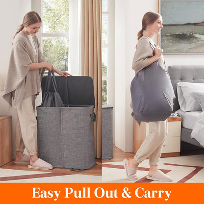 Lifewit Double Laundry Hamper with Lid and Removable Laundry Bags, Large Collapsible 2 Dividers Dirty Clothes Basket with Handles for Bedroom Laundry Room Closet Bathroom College, 136L Beige