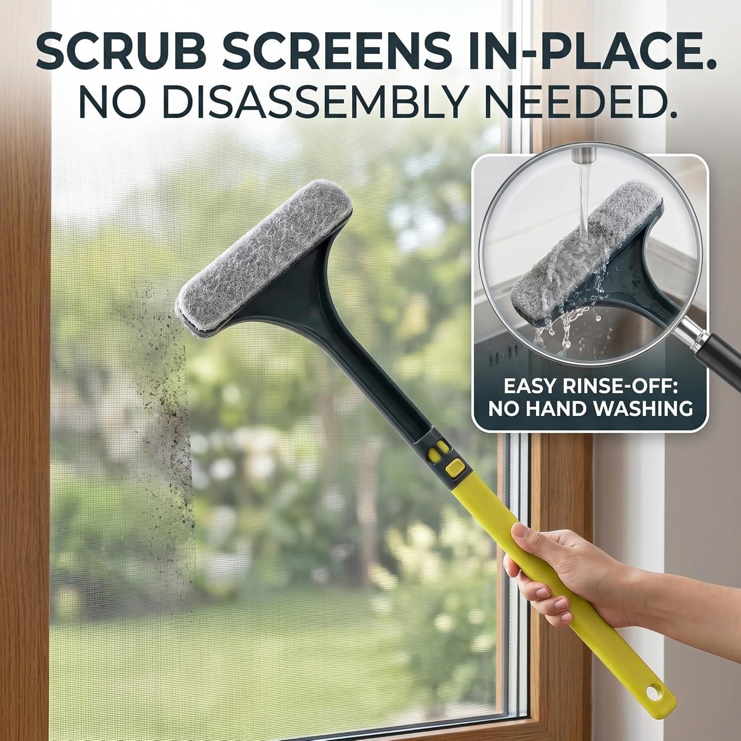 2Pcs Window Screen Cleaner Tool & Mesh Screen Cleaner Brush, 2-in-1 Double-Sided Scrubber with Detachable Handle, 16x46 cm