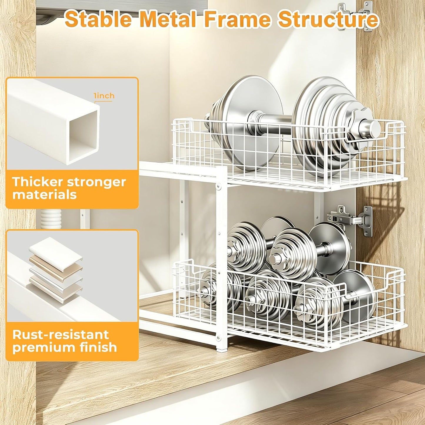 Under Sink Organizer, 2-Tier Pull Out Cabinet Organizer, Kitchen Bathroom Organizer and Storage, Spice Rack for Kitchen, Multi-use Sliding Drawers Shelves, Pack of 2