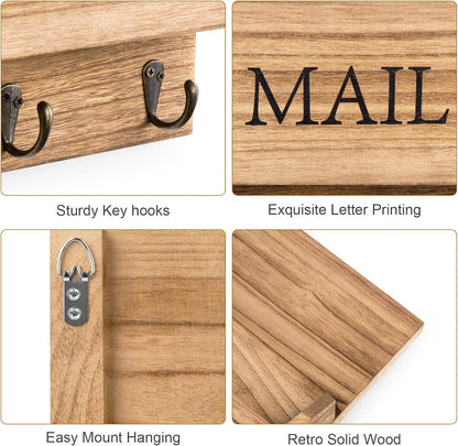 DLQuarts Mail Organizer with Key Holder for Wall, Mail Sorter Wall Mounted, Decorative Wooden Key and Mail Holder with 3 Hooks, Black