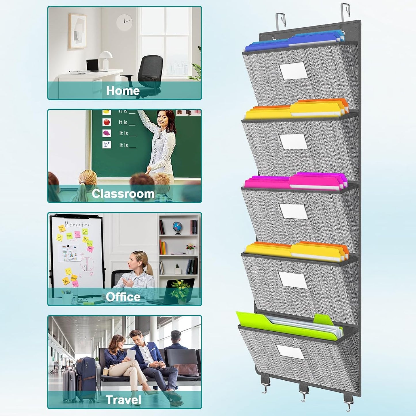 homyfort Over the Door File Organizer, Wall Hanging File Folders with 5 Large Pocket for Mails, Magazines, Back to School Supplies,Office Chart Storage, Paper Organization (Grey)