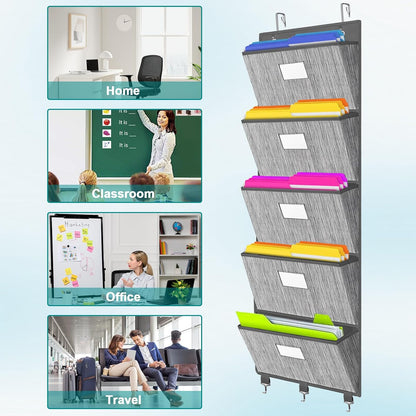 homyfort Over the Door File Organizer, Wall Hanging File Folders with 5 Large Pocket for Mails, Magazines, Back to School Supplies,Office Chart Storage, Paper Organization (Grey)