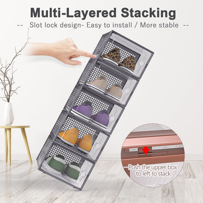 Kuject 12 Pack Large Shoe Boxes, Clear Stackable Containers with Lids,Black | Shoe organizers for closet & entryway, under-bed,Drop-front design fits women's size 10