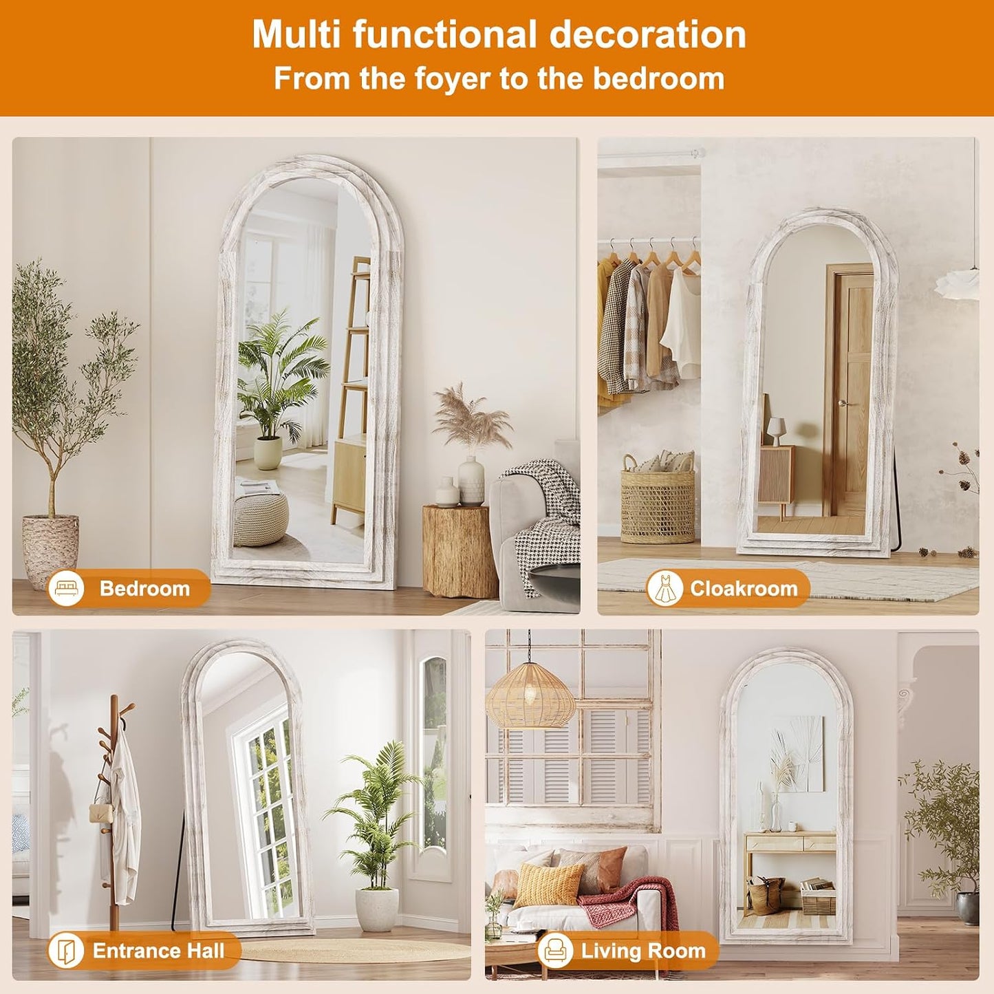 ZHUNFA Arched Full Length Mirror with Solid Wood Frame | 65x22 Farmhouse Wall Mirror Full Length with Stand, Vertical Hanging, Leaning Standing for Bedroom,Living Room, Rustic White