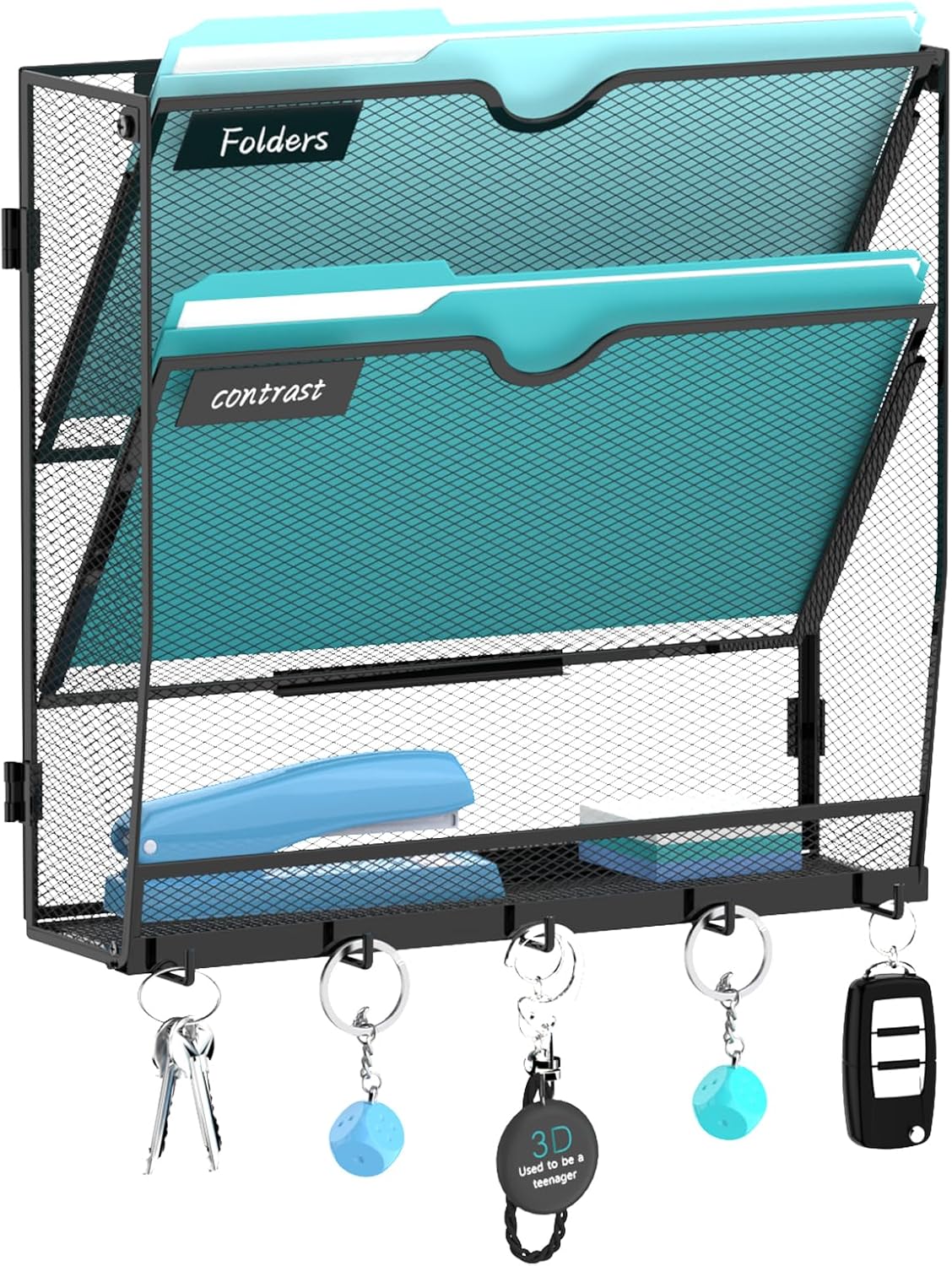 5 Tier Wall File Organizer - Hanging File Organizer with 5 Hooks, Mail Holder Wall Mounted for Papers, Folders, Magazines, Bills, Office&School Organization, Black