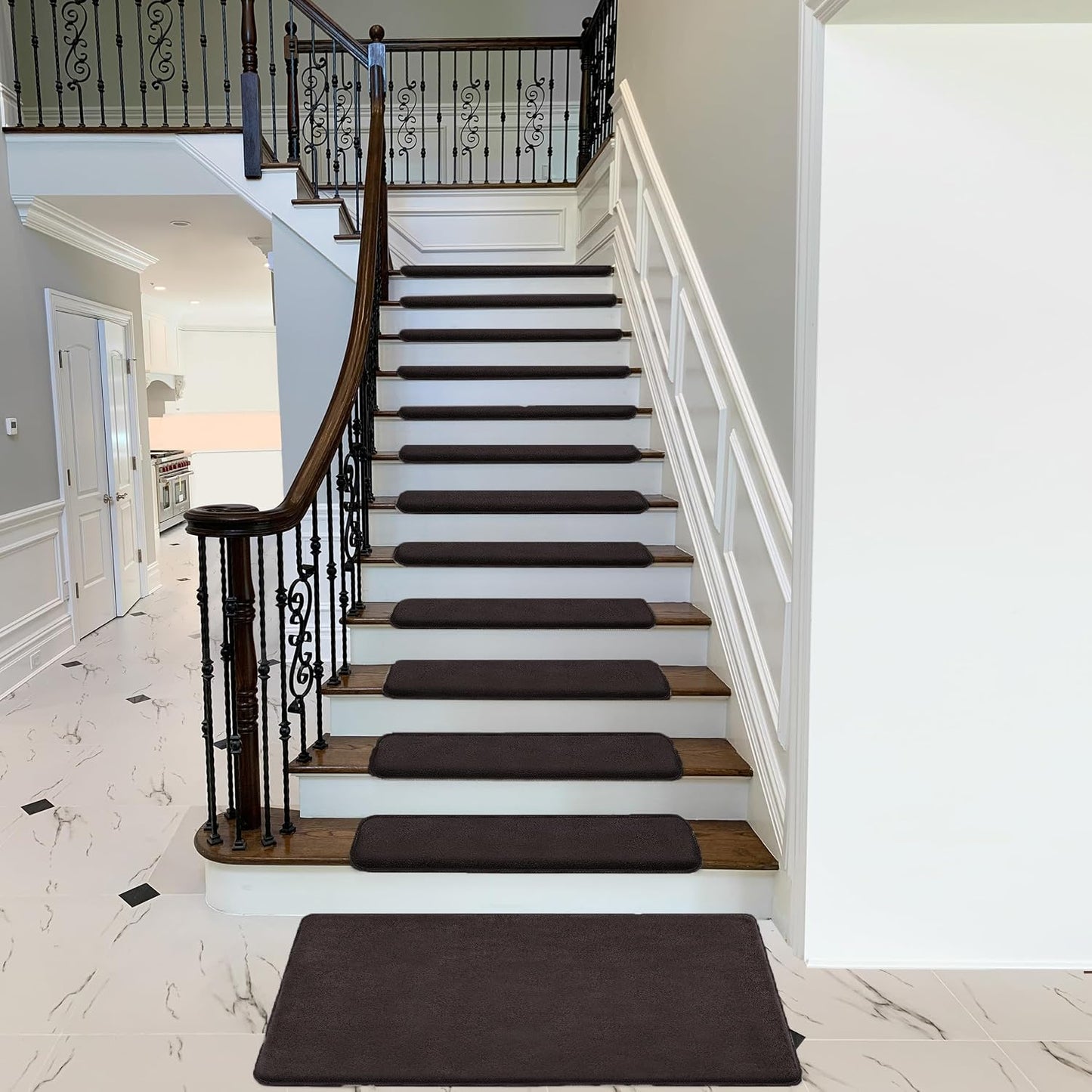 PURE ERA Carpet Stair Treads Ultra Plush 9.5" X 30"Soft Bullnose Indoor Stair Protectors Pet-Friendly Non-Slip Skid Resistant Tape Free Washable Reusable(2 Pieces,Brown)