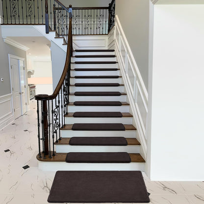 PURE ERA Carpet Stair Treads Ultra Plush 9.5" X 30"Soft Bullnose Indoor Stair Protectors Pet-Friendly Non-Slip Skid Resistant Tape Free Washable Reusable(2 Pieces,Brown)