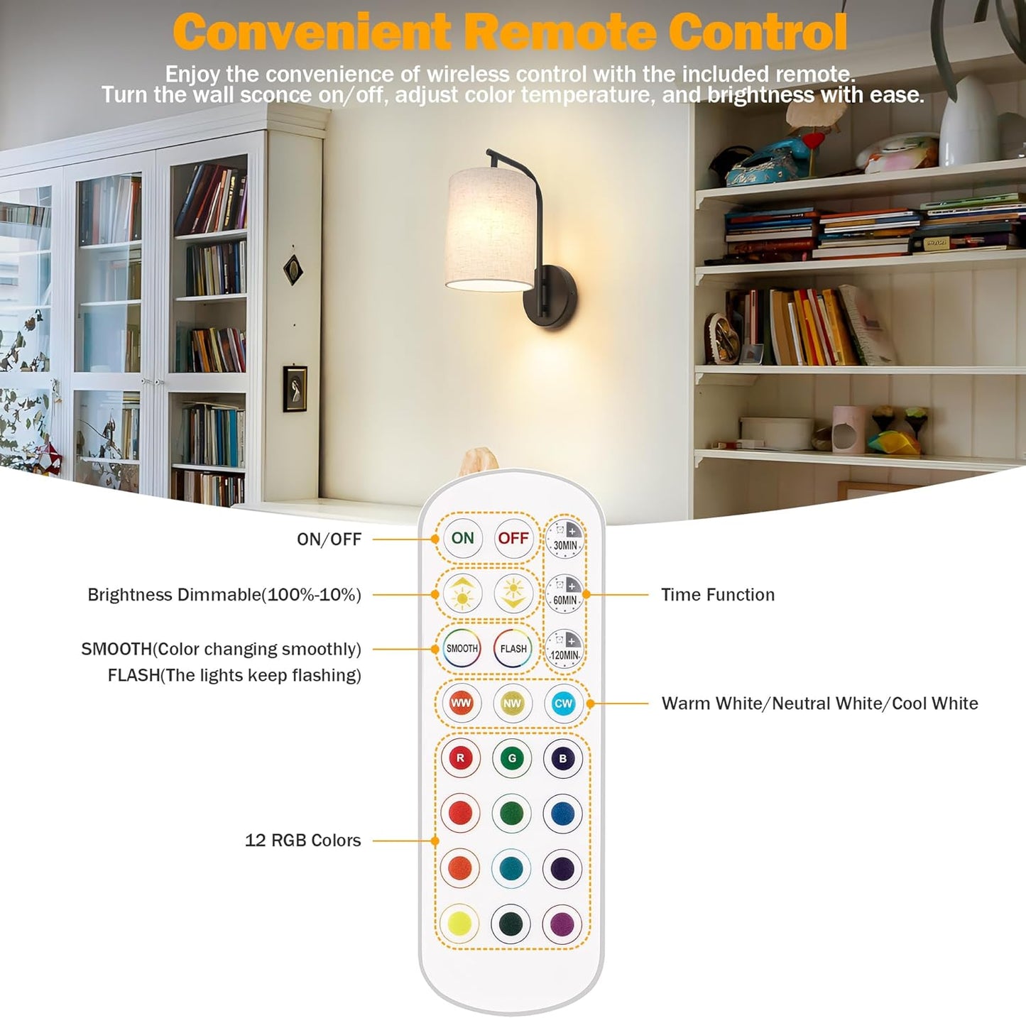 MATAMEYE Battery Operated Wall Sconce Set of 2, Black Rechargeable Wireless Wall Light Fixture with Remote, 12 RGB Colors & Timer, Indoor Dimmable Wall Lamp with Linen Shade