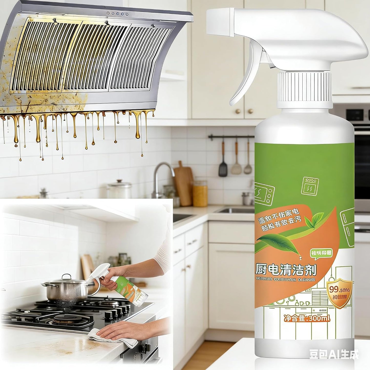 Heavy Duty Kitchen Foam Spray Degreaser, 10.56oz Multi-Purpose Cleaner for Oven, Stove, Range Hood and Home Kitchen Appliances, 1 Pack